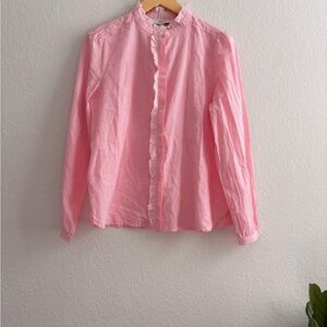 Ann Taylor LOFT Blouse Medium Pink Striped Ruffled Button Up Cotton New Classic
